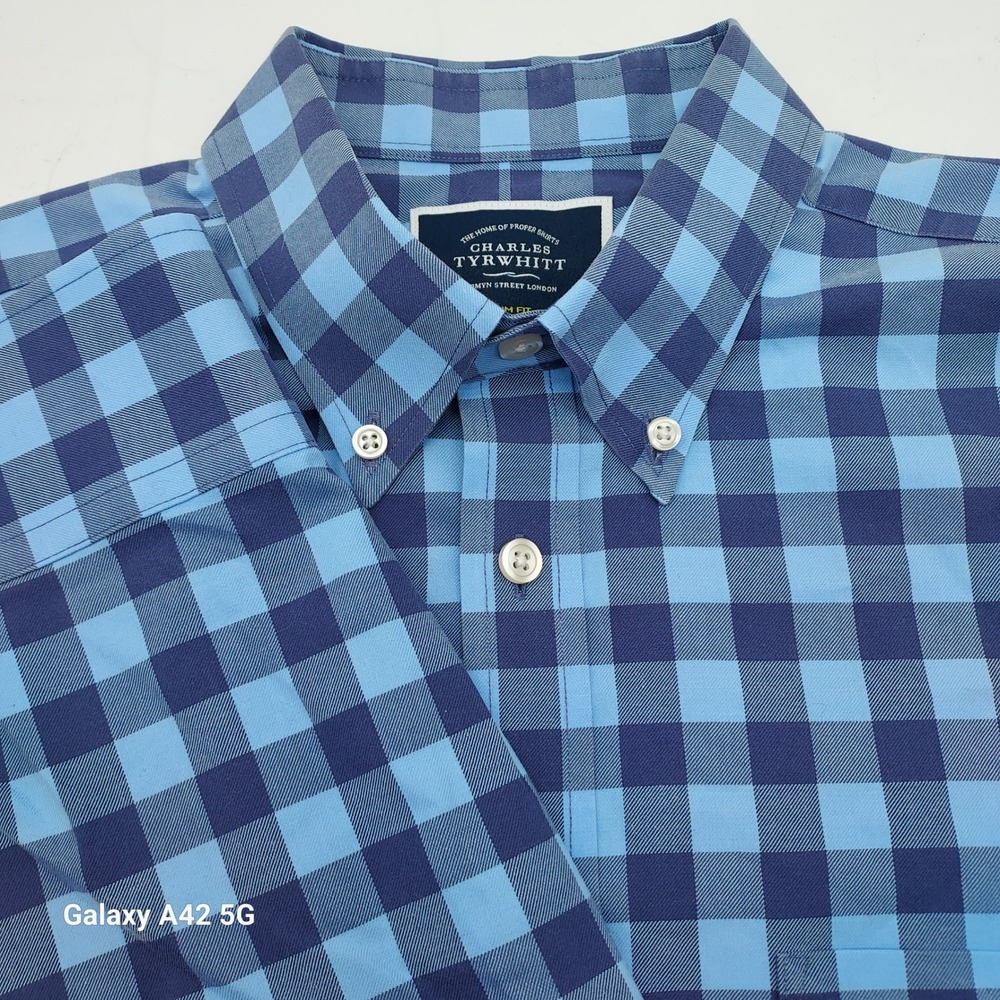 Charles Tyrwhitt Mens Slim Fit Non-Iron Gingham Button Down Shirt Blue Medium